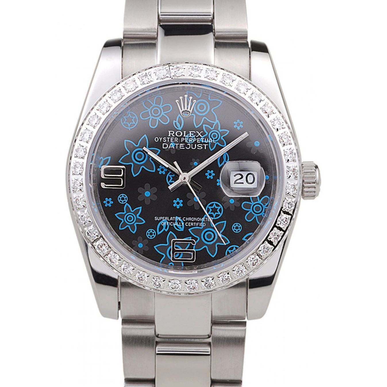 Dark Rolex Polished Stainless Blue Dial Datejust Flowers Steel Diamond Plated 0731
